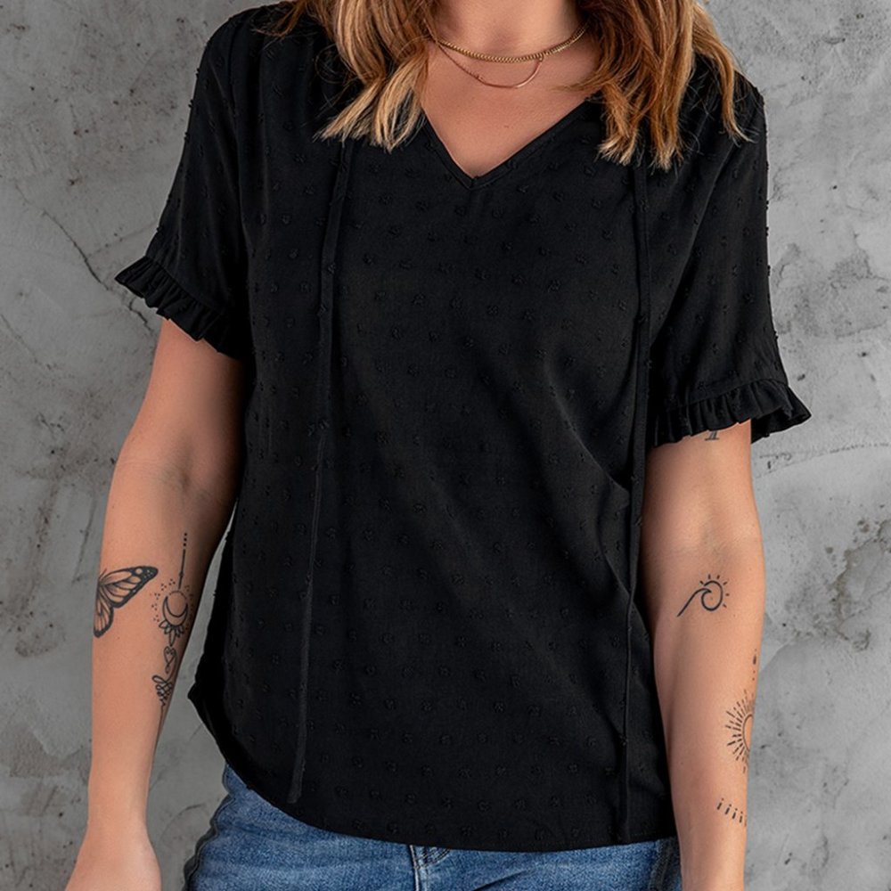 Black Swiss Dot Short Sleeve V Neck Top - Picture 3 of 5